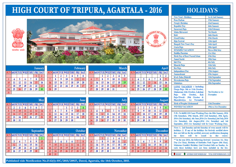 Tripura High Court Holiday List 2016 India Customer Care Tripura High Court Calendar 2025