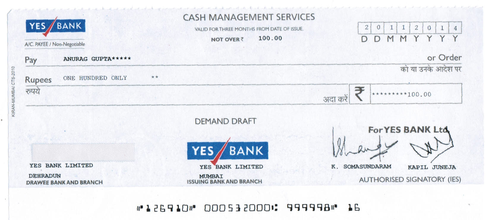 Sample Yes Bank Demand Draft